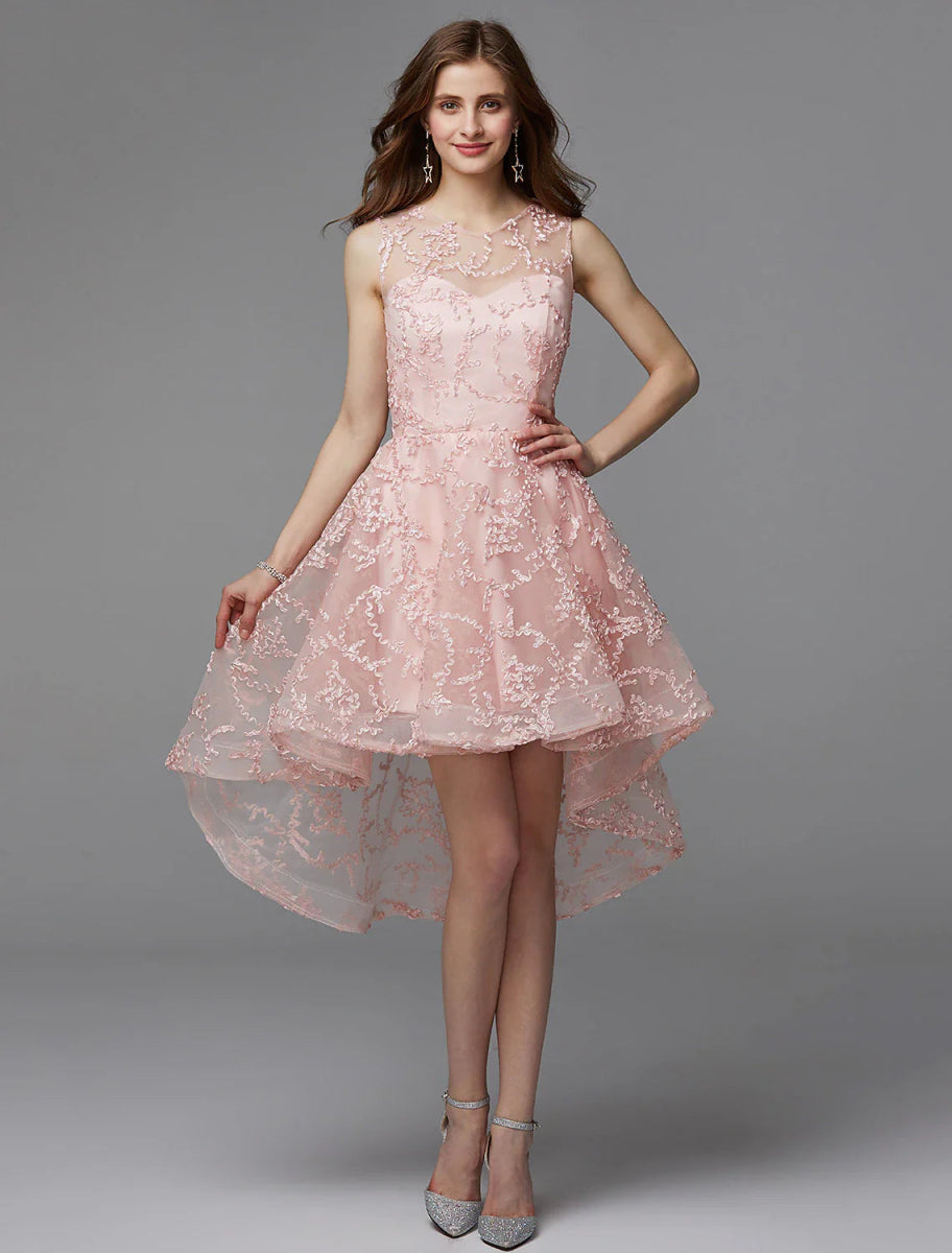 NumberSea - A - Line Hot Dress Wedding Guest Cocktail Party Asymmetrical Sleeveless Illusion Neck Tulle with Appliques