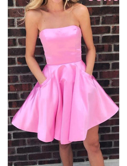 NumberSea - A - Line Hot Flirty Homecoming Cocktail Party Dress Strapless Sleeveless Short / Mini Satin with Sleek Pleats