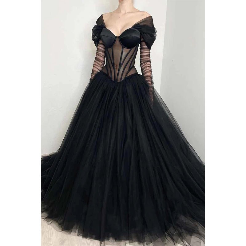 NumberSea - A Line Illusion Black Tulle Long Formal Evening Gowns