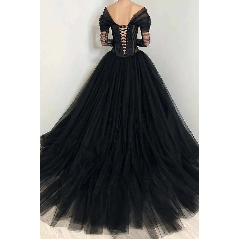 NumberSea - A Line Illusion Black Tulle Long Formal Evening Gowns