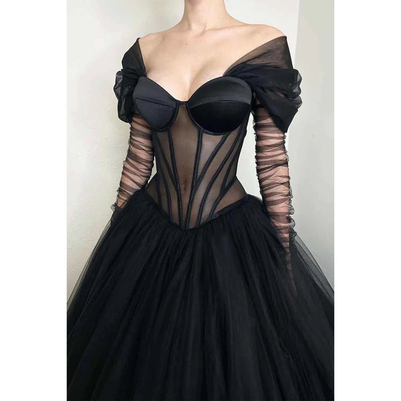 NumberSea - A Line Illusion Black Tulle Long Formal Evening Gowns