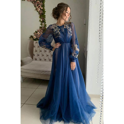 NumberSea - A - line Illusion Long Sleeves Tulle Appliques Elegant Long Formal Evening Gowns