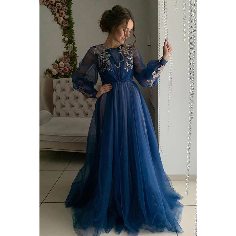 NumberSea - A - line Illusion Long Sleeves Tulle Appliques Elegant Long Formal Evening Gowns