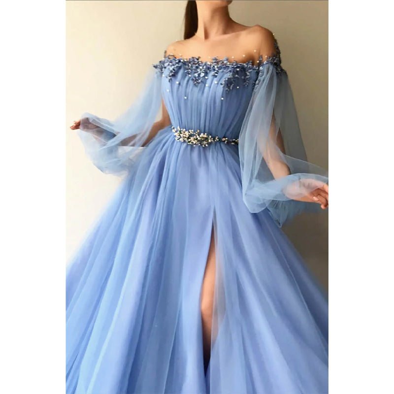 NumberSea - A - line Illusion Neckline Long Sleeves Tulle Appliques Long Evening Dress with Slit