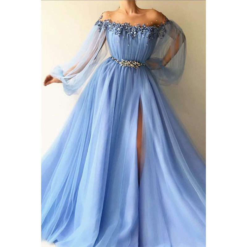 NumberSea - A - line Illusion Neckline Long Sleeves Tulle Appliques Long Evening Dress with Slit