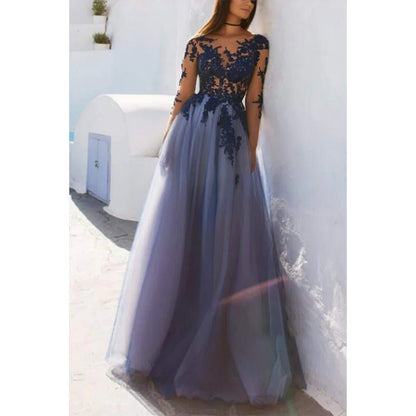 NumberSea - A - line Illusion Neckline Tulle Appliques Long Sleeves Prom Dress