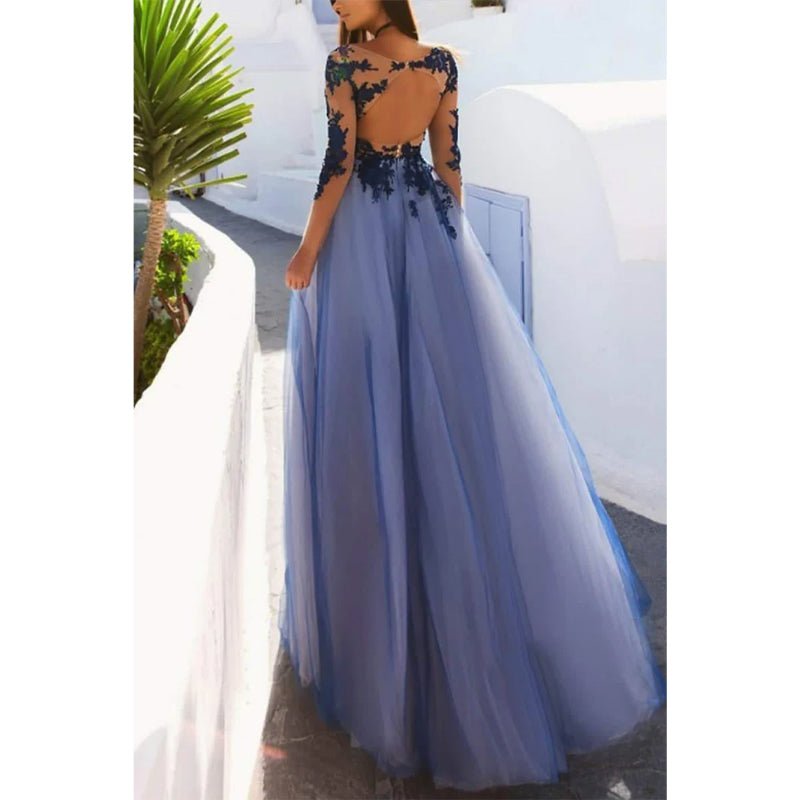 NumberSea - A - line Illusion Neckline Tulle Appliques Long Sleeves Prom Dress