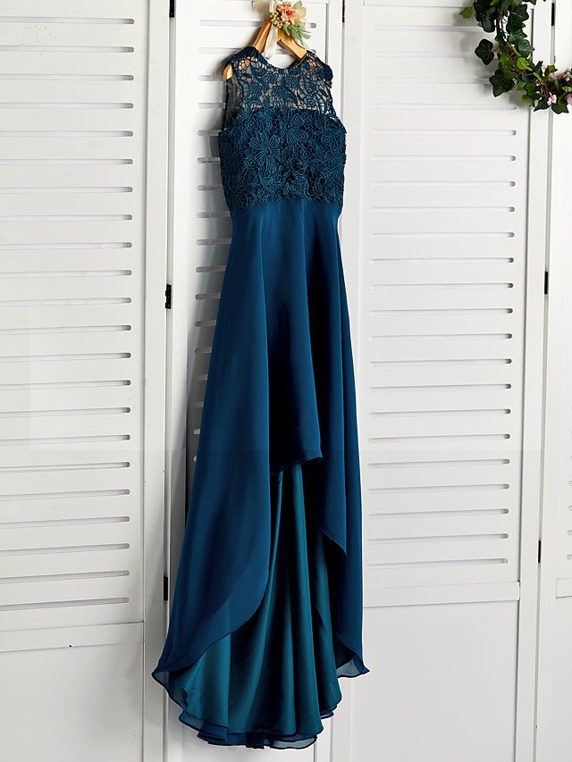 NumberSea - A - Line Jewel Neck Asymmetrical Chiffon Lace Junior Bridesmaid Dress