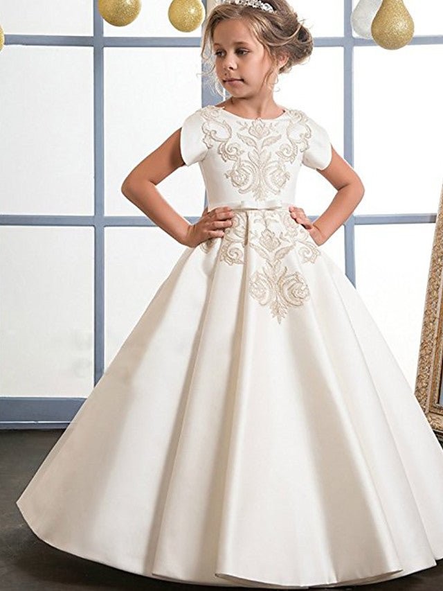 NumberSea - A - Line Jewel Neck Satin Wedding Birthday Pageant Flower Girl Dresses