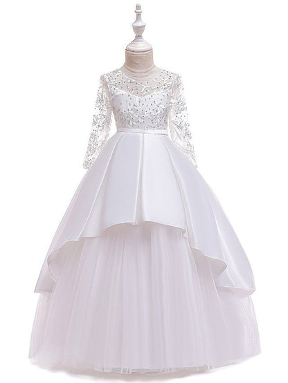 NumberSea - A - Line Jewel Neck Wedding Formal Evening Pageant Flower Girl Dresses With Sleeves