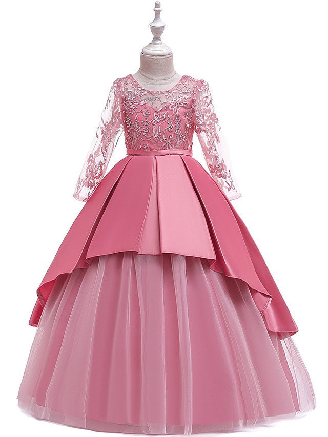 NumberSea - A - Line Jewel Neck Wedding Formal Evening Pageant Flower Girl Dresses With Sleeves