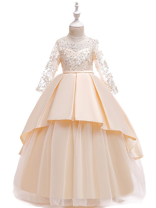 NumberSea - A - Line Jewel Neck Wedding Formal Evening Pageant Flower Girl Dresses With Sleeves