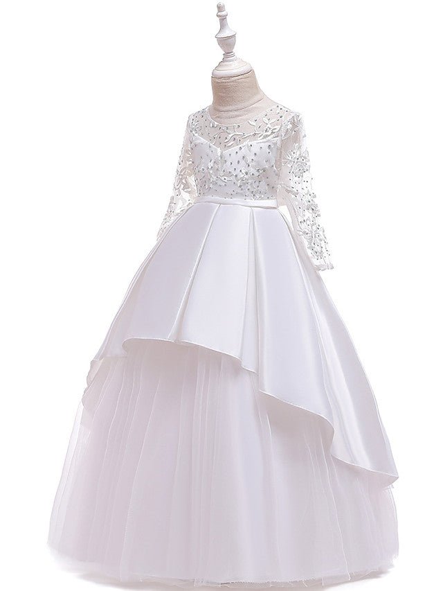 NumberSea - A - Line Jewel Neck Wedding Formal Evening Pageant Flower Girl Dresses With Sleeves