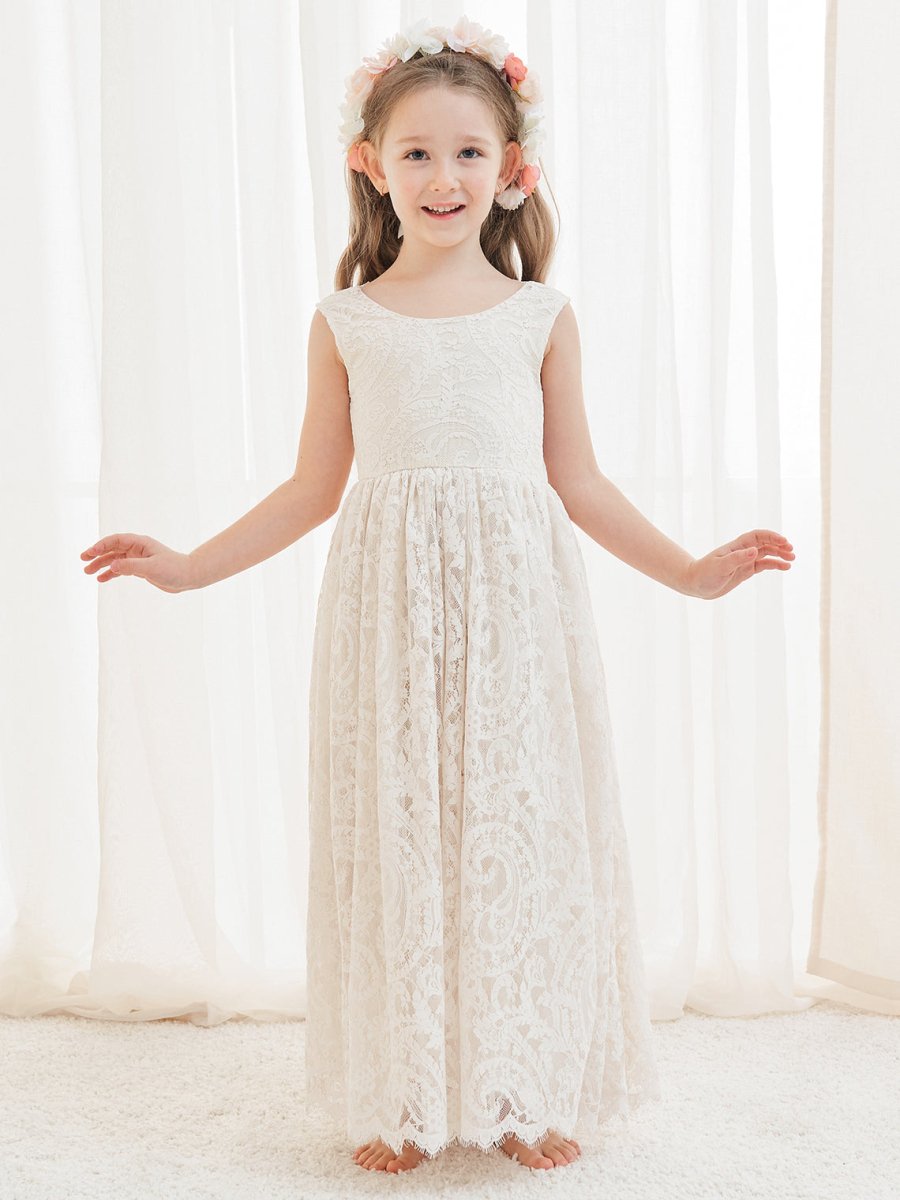 NumberSea - A - line Lace Ankle - length Ivory Boho Flower Girl Dress