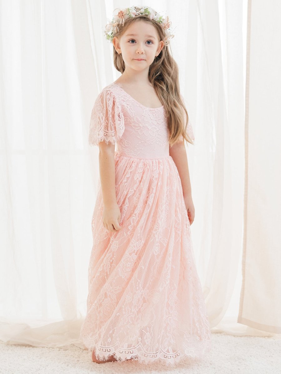 NumberSea - A - line Lace Ankle - length Ivory Boho Flower Girl Dress