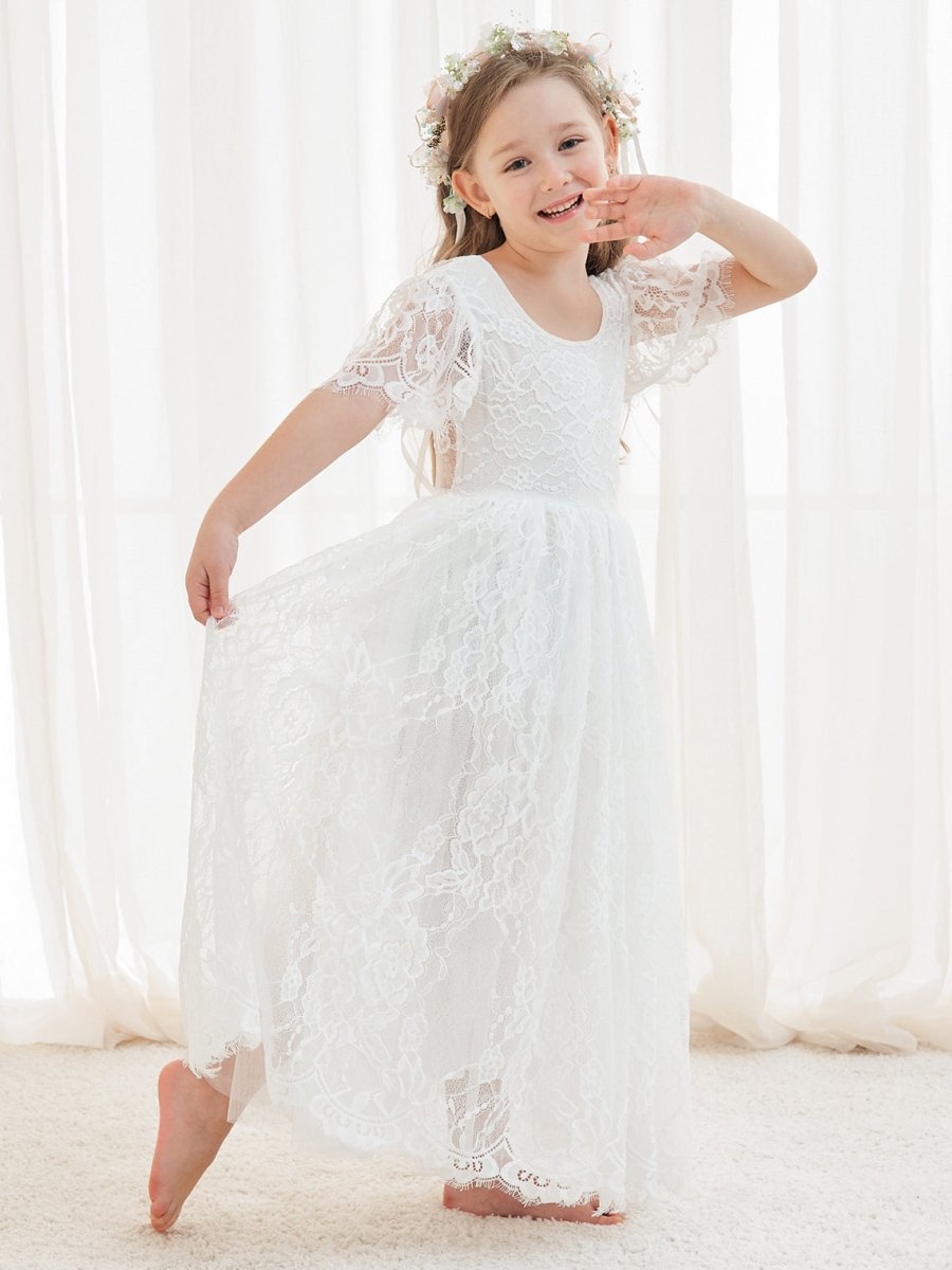 NumberSea - A - line Lace Ankle - length Ivory Boho Flower Girl Dress