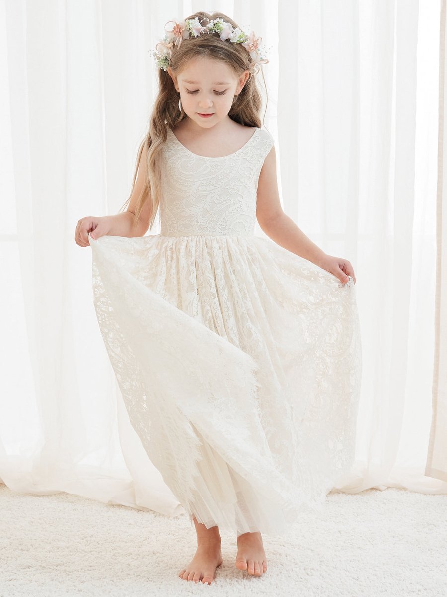 NumberSea - A - line Lace Ankle - length Ivory Boho Flower Girl Dress