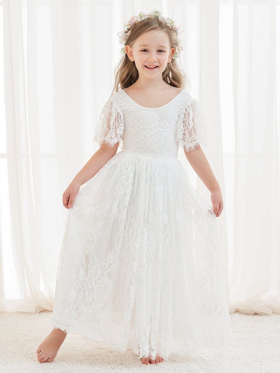 NumberSea - A - line Lace Ankle - length Ivory Boho Flower Girl Dress