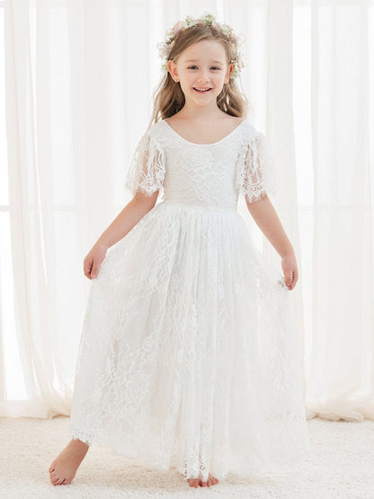 NumberSea - A - line Lace Ankle - length Ivory Boho Flower Girl Dress