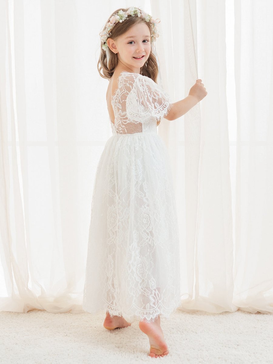 NumberSea - A - line Lace Ankle - length Ivory Boho Flower Girl Dress