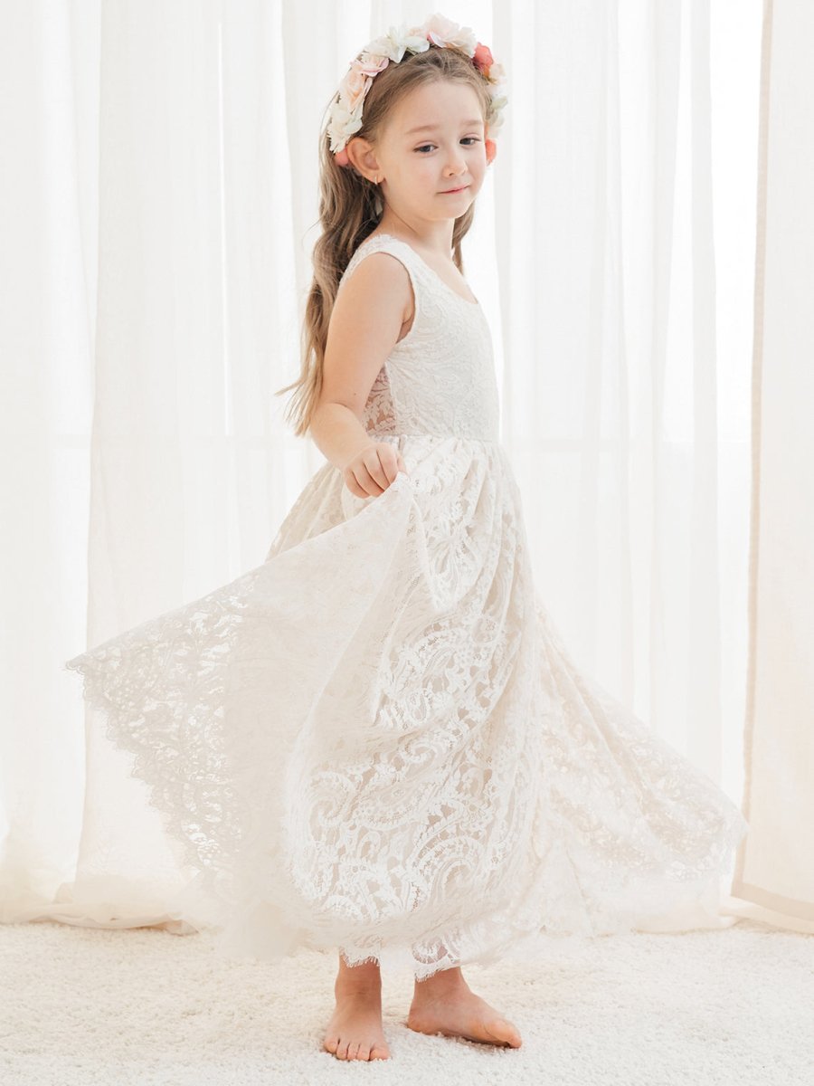 NumberSea - A - line Lace Ankle - length Ivory Boho Flower Girl Dress