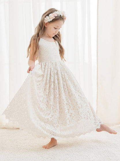 NumberSea - A - line Lace Ankle - length Ivory Boho Flower Girl Dress