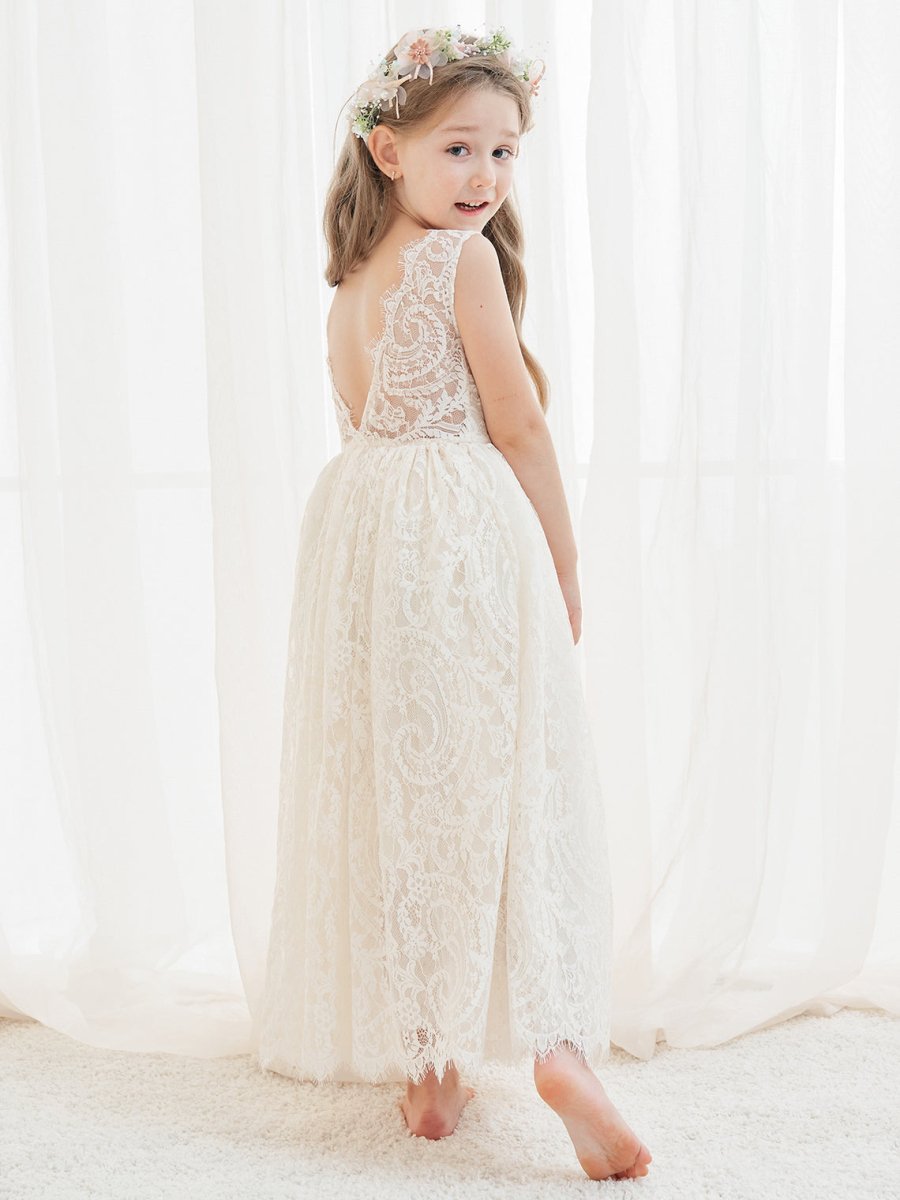 NumberSea - A - line Lace Ankle - length Ivory Boho Flower Girl Dress