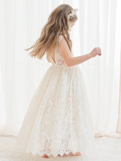 NumberSea - A - line Lace Ankle - length Ivory Boho Flower Girl Dress