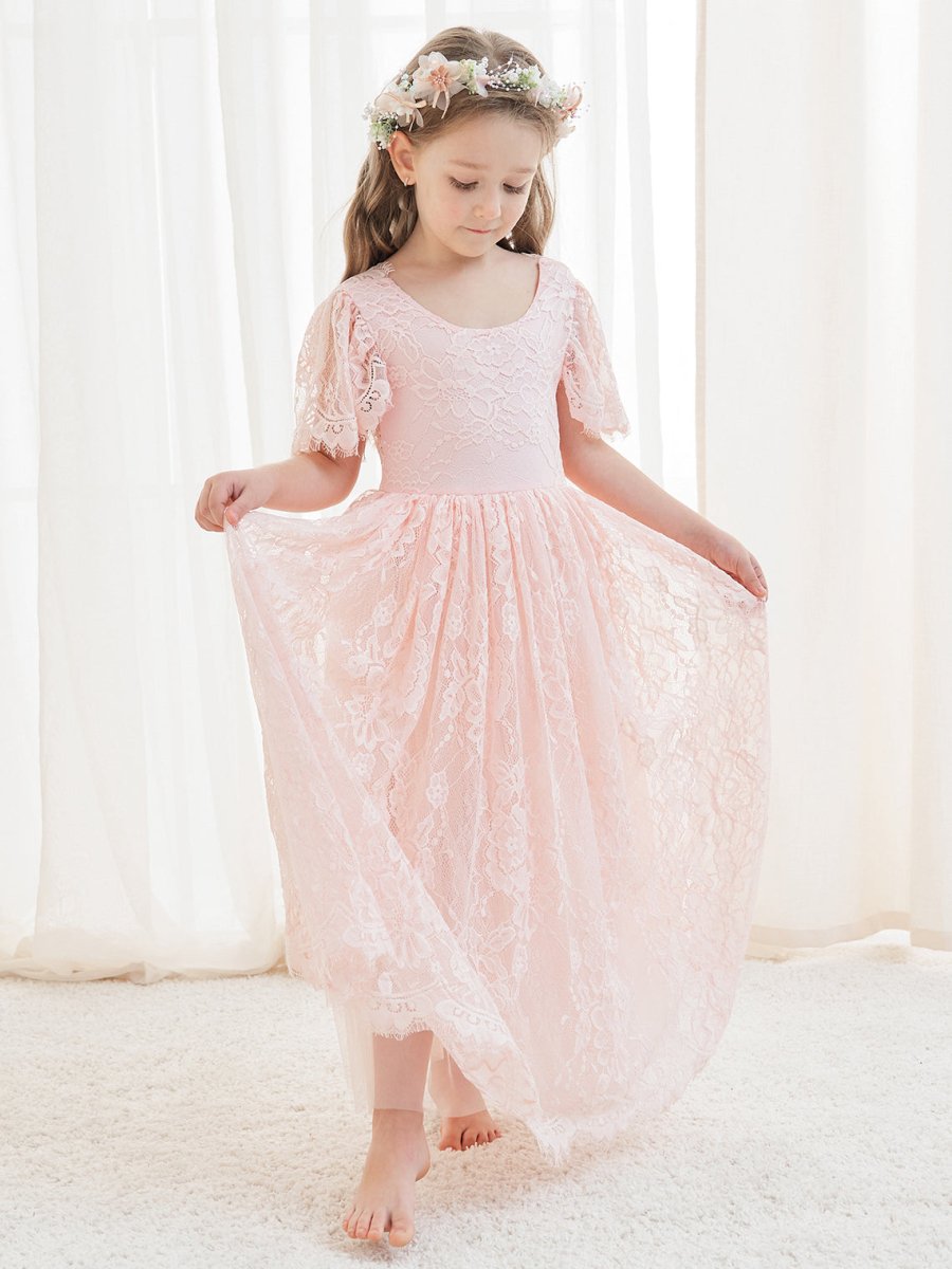 NumberSea - A - line Lace Ankle - length Ivory Boho Flower Girl Dress