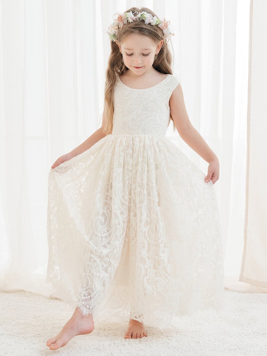 NumberSea - A - line Lace Ankle - length Ivory Boho Flower Girl Dress