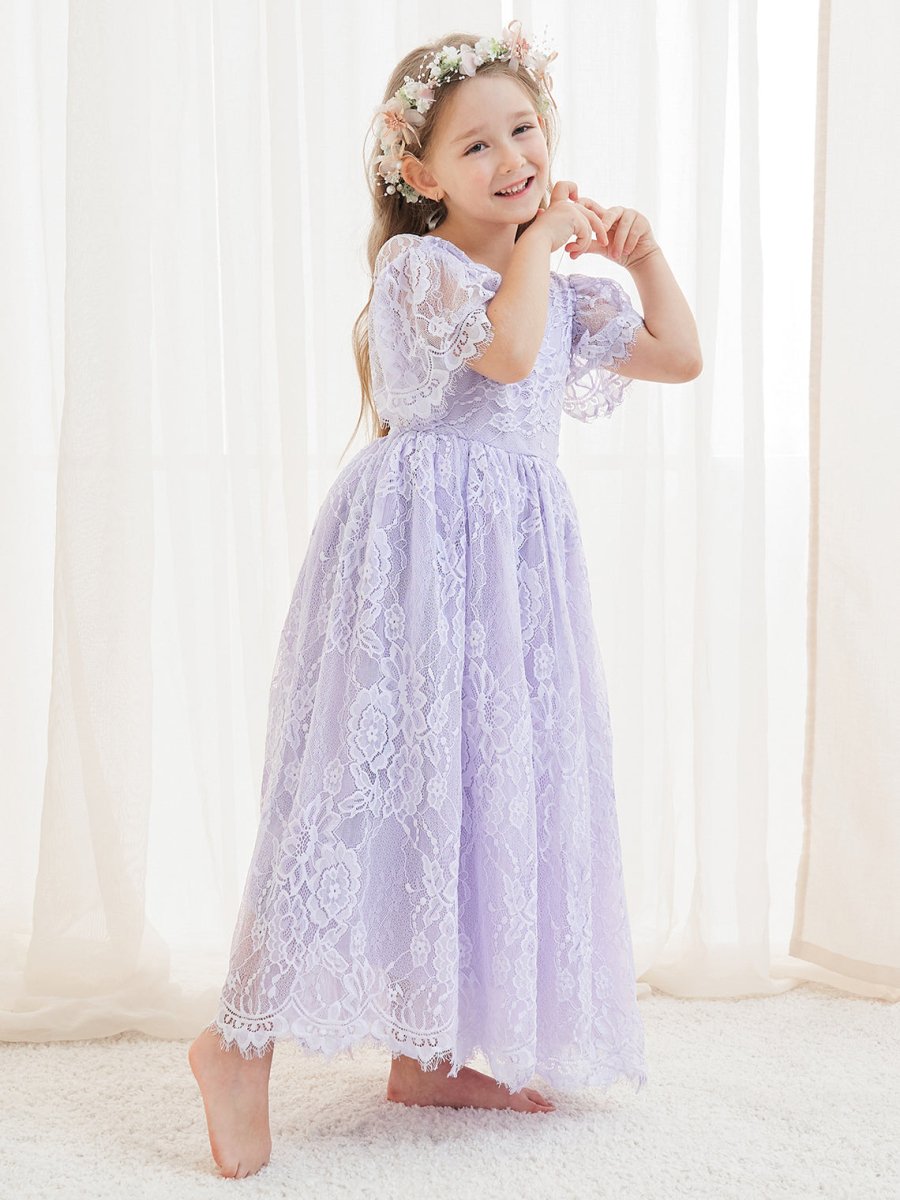 NumberSea - A - line Lace Ankle - length Ivory Boho Flower Girl Dress