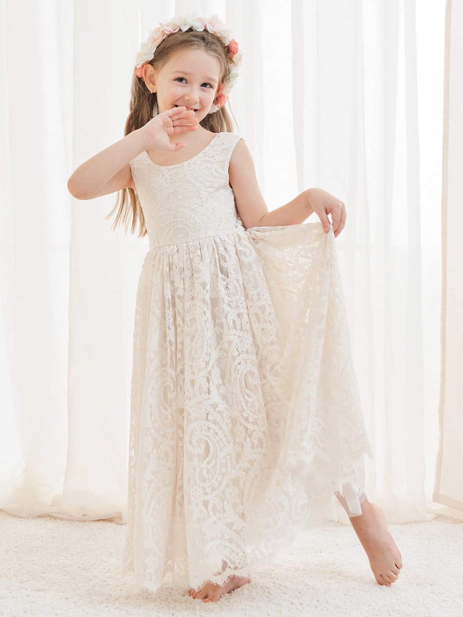 NumberSea - A - line Lace Ankle - length Ivory Boho Flower Girl Dress