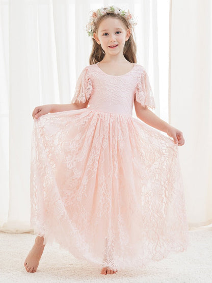 NumberSea - A - line Lace Ankle - length Ivory Boho Flower Girl Dress