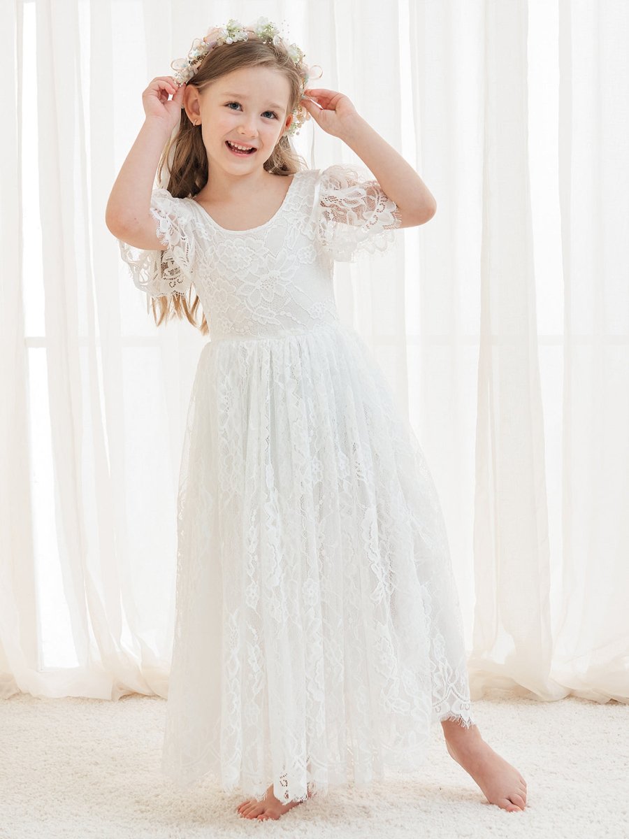 NumberSea - A - line Lace Ankle - length Ivory Boho Flower Girl Dress