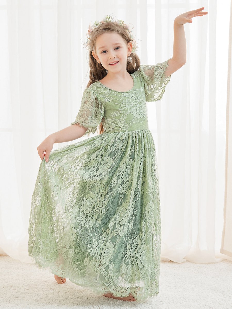 NumberSea - A - line Lace Ankle - length Ivory Boho Flower Girl Dress