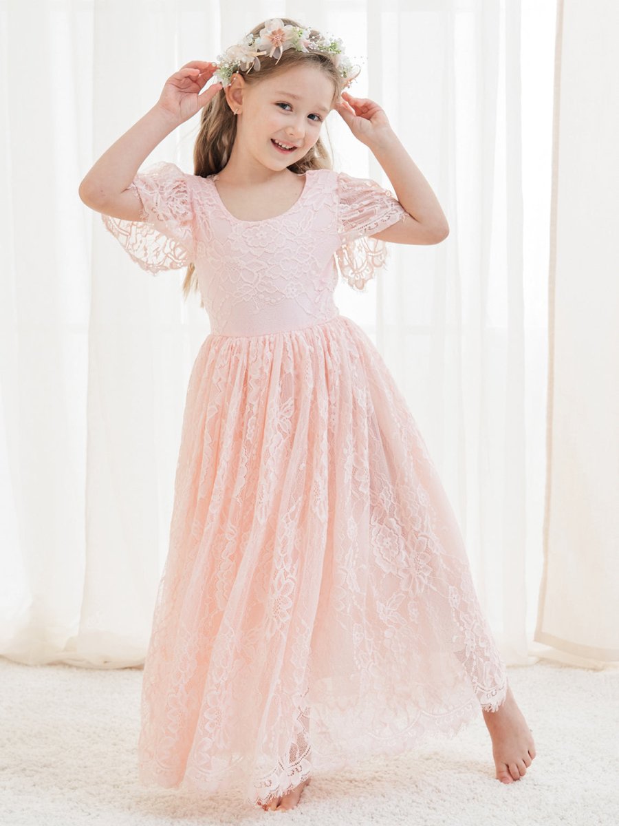 NumberSea - A - line Lace Ankle - length Ivory Boho Flower Girl Dress