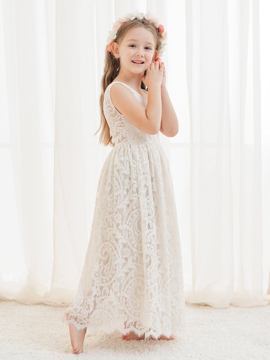 NumberSea - A - line Lace Ankle - length Ivory Boho Flower Girl Dress