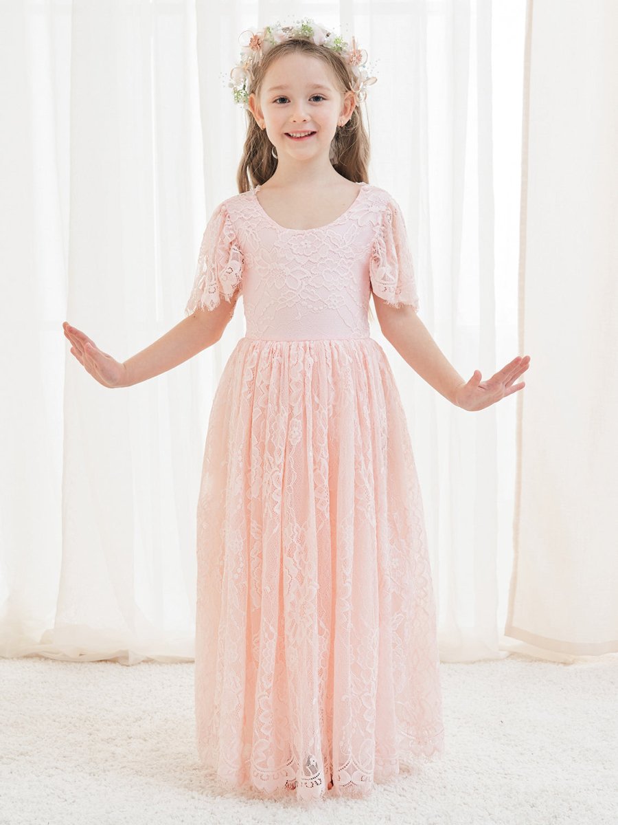 NumberSea - A - line Lace Ankle - length Ivory Boho Flower Girl Dress