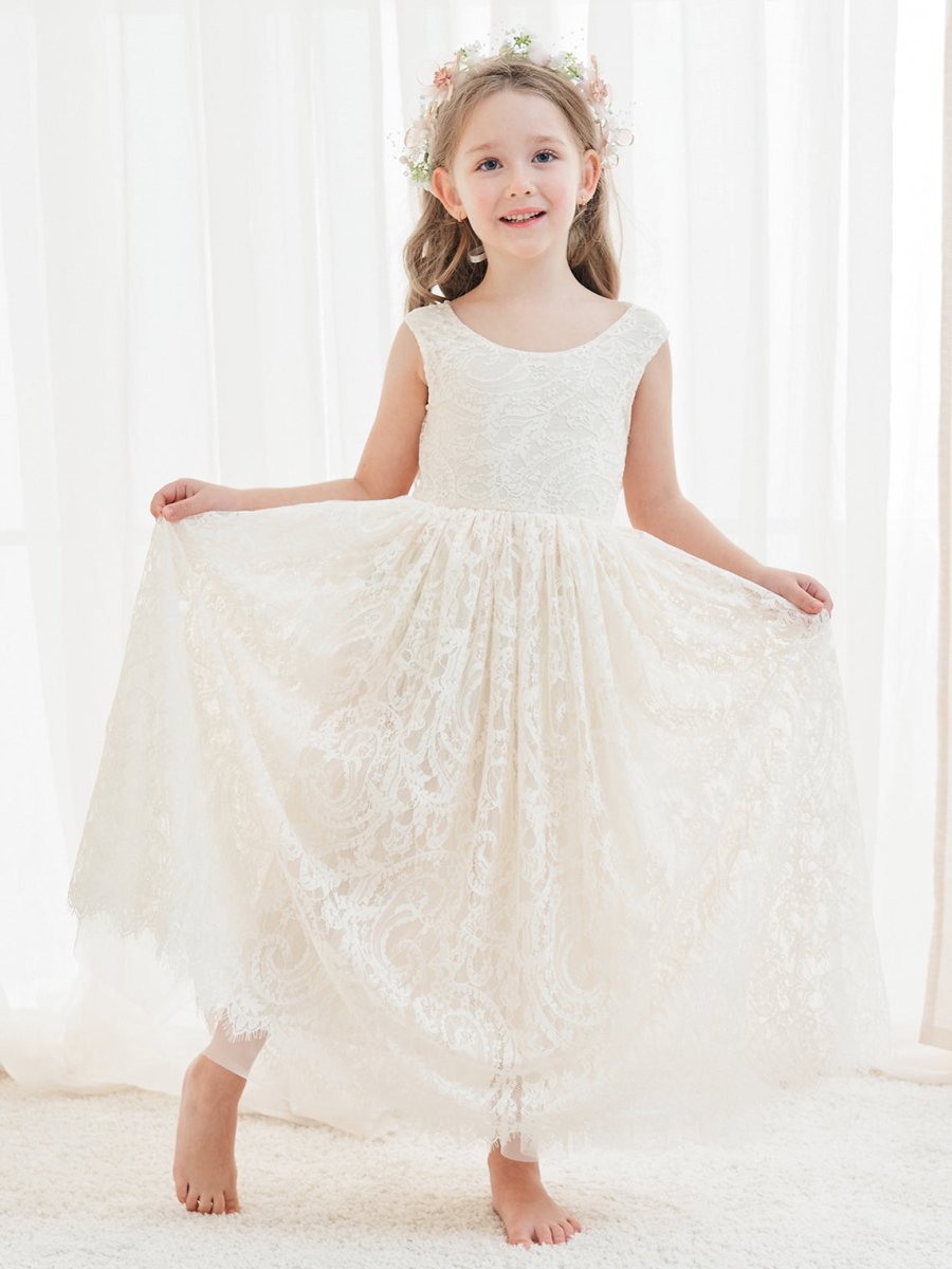 NumberSea - A - line Lace Ankle - length Ivory Boho Flower Girl Dress