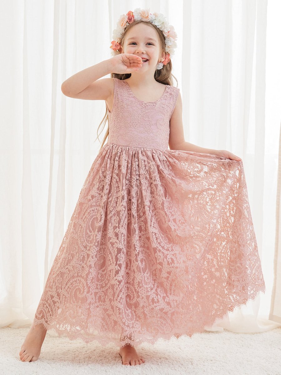 NumberSea - A - line Lace Ankle - length Ivory Boho Flower Girl Dress