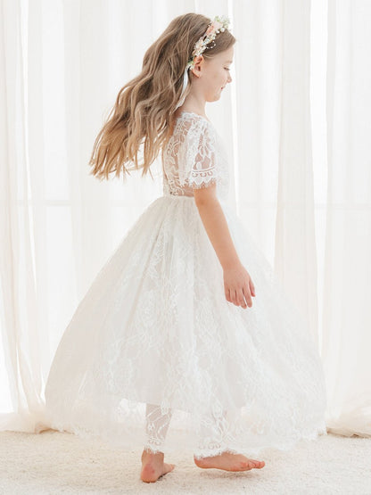 NumberSea - A - line Lace Ankle - length Ivory Boho Flower Girl Dress