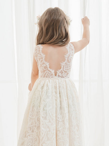 NumberSea - A - line Lace Ankle - length Ivory Boho Flower Girl Dress