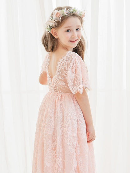 NumberSea - A - line Lace Ankle - length Ivory Boho Flower Girl Dress