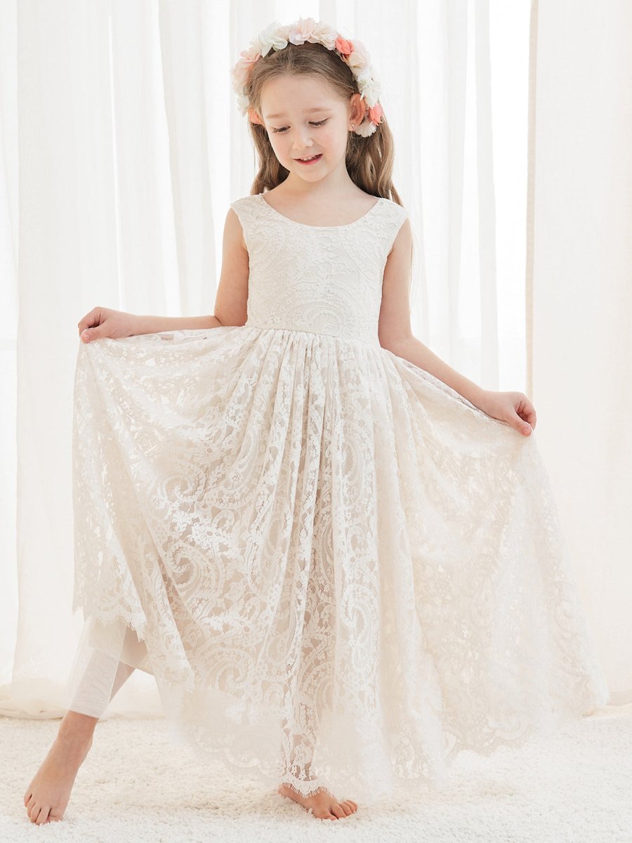 NumberSea - A - line Lace Ankle - length Ivory Boho Flower Girl Dress