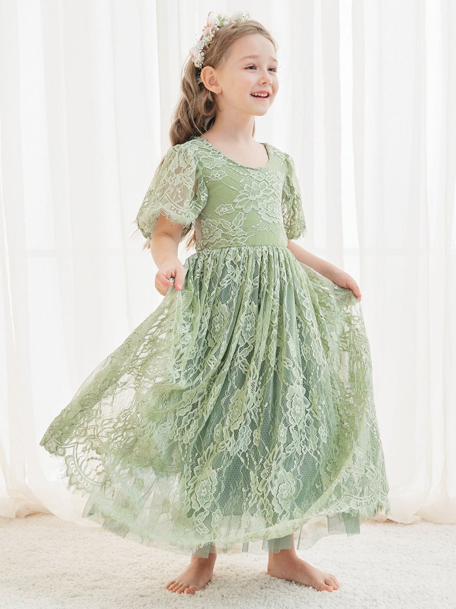 NumberSea - A - line Lace Ankle - length Ivory Boho Flower Girl Dress