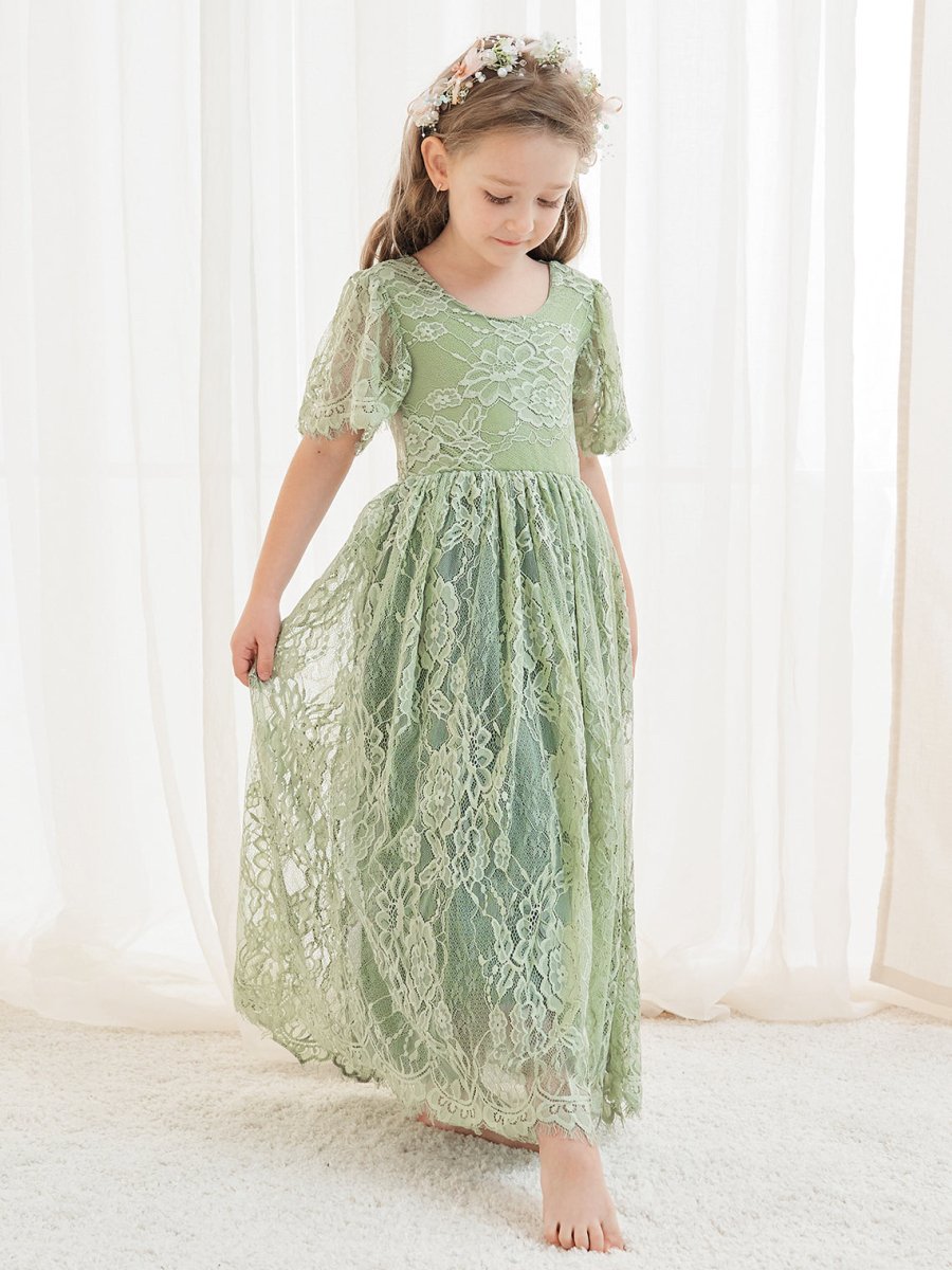 NumberSea - A - line Lace Ankle - length Ivory Boho Flower Girl Dress