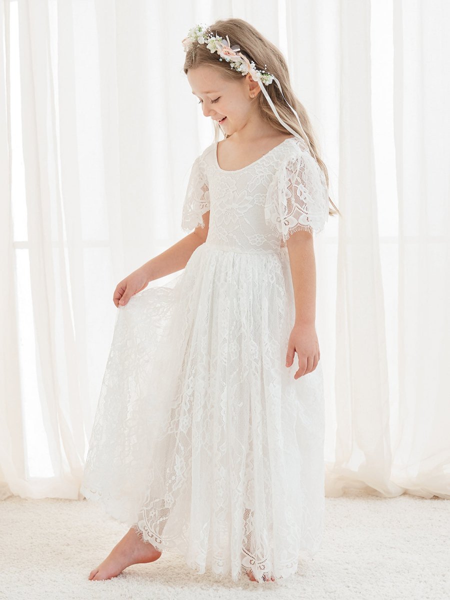 NumberSea - A - line Lace Ankle - length Ivory Boho Flower Girl Dress