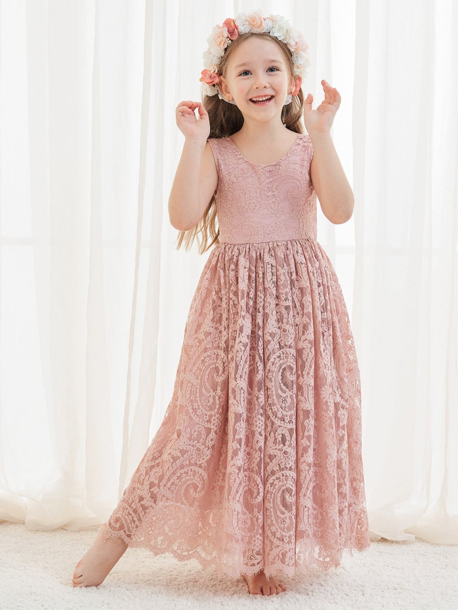 NumberSea - A - line Lace Ankle - length Ivory Boho Flower Girl Dress