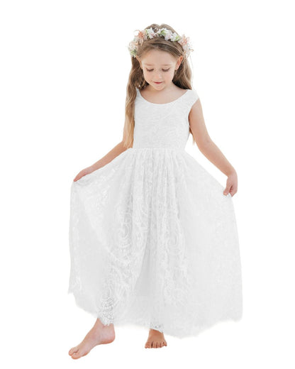 NumberSea - A - line Lace Ankle - length Ivory Boho Flower Girl Dress