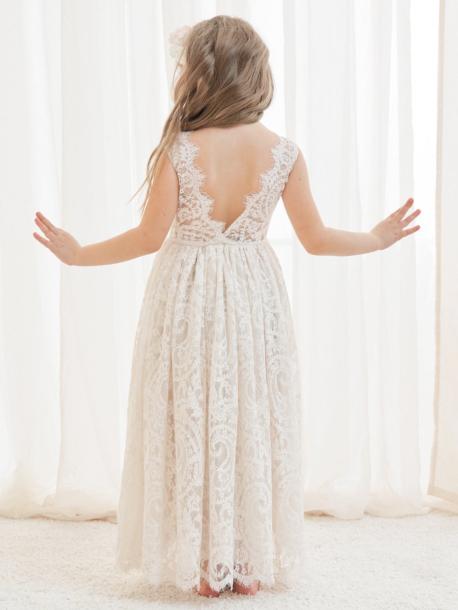 NumberSea - A - line Lace Ankle - length Ivory Boho Flower Girl Dress